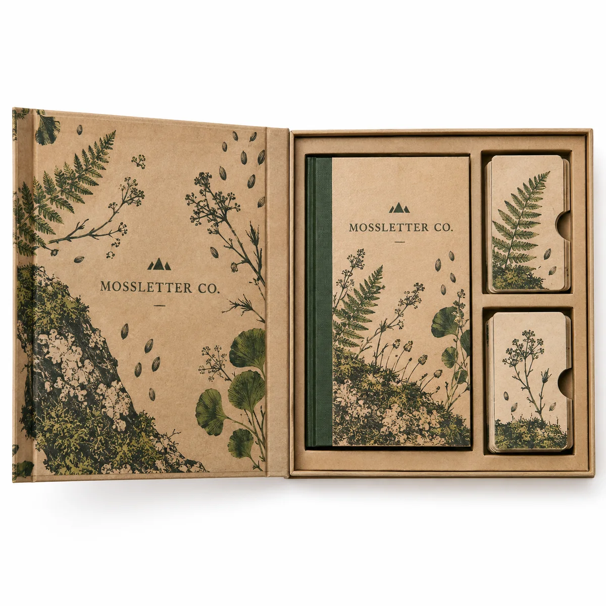 Overhead view of an open Mossletter Co. kraft booklet box with green botanical prints, a field guide, and two fitted card stacks.