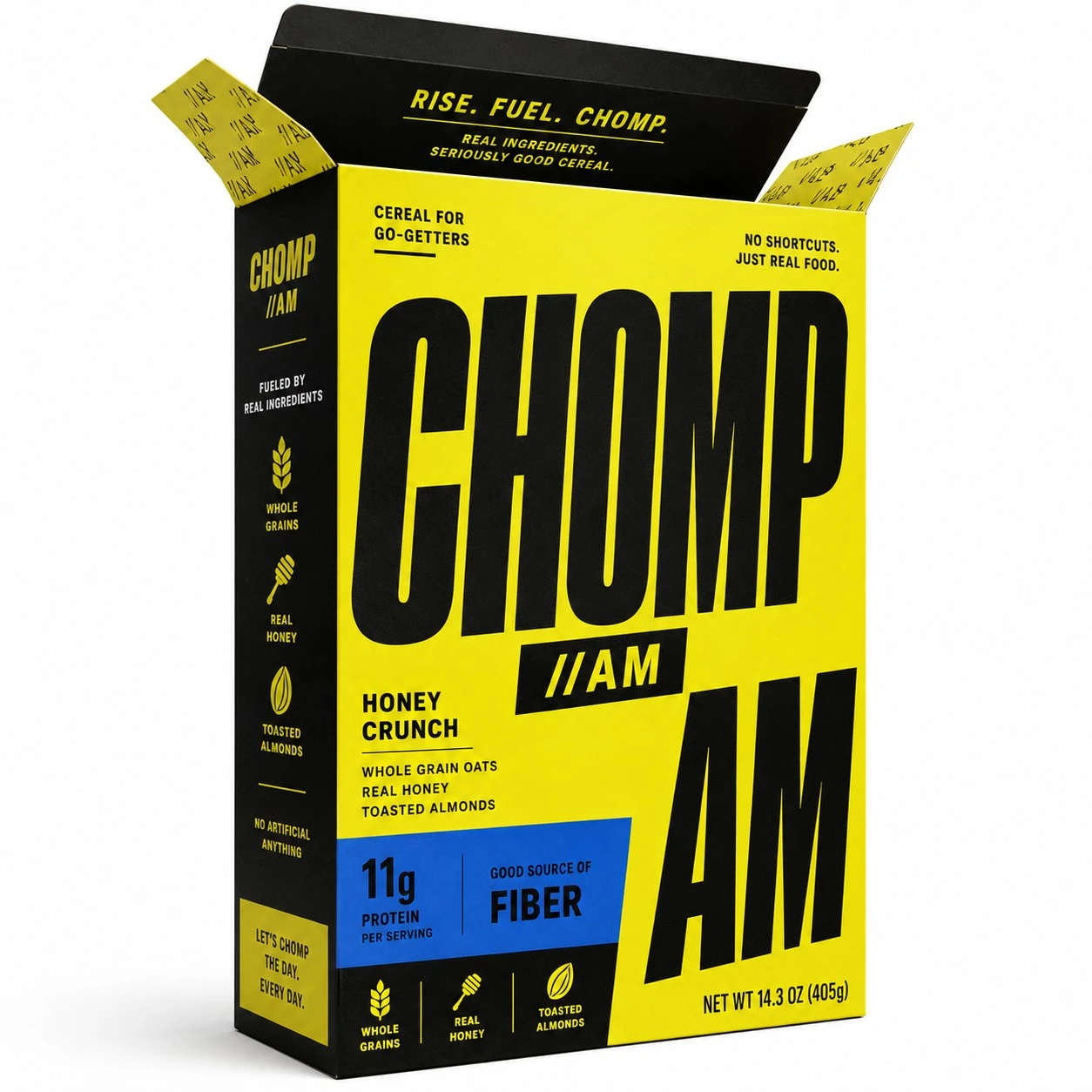 custom breakfast cereal box chomp am open flap