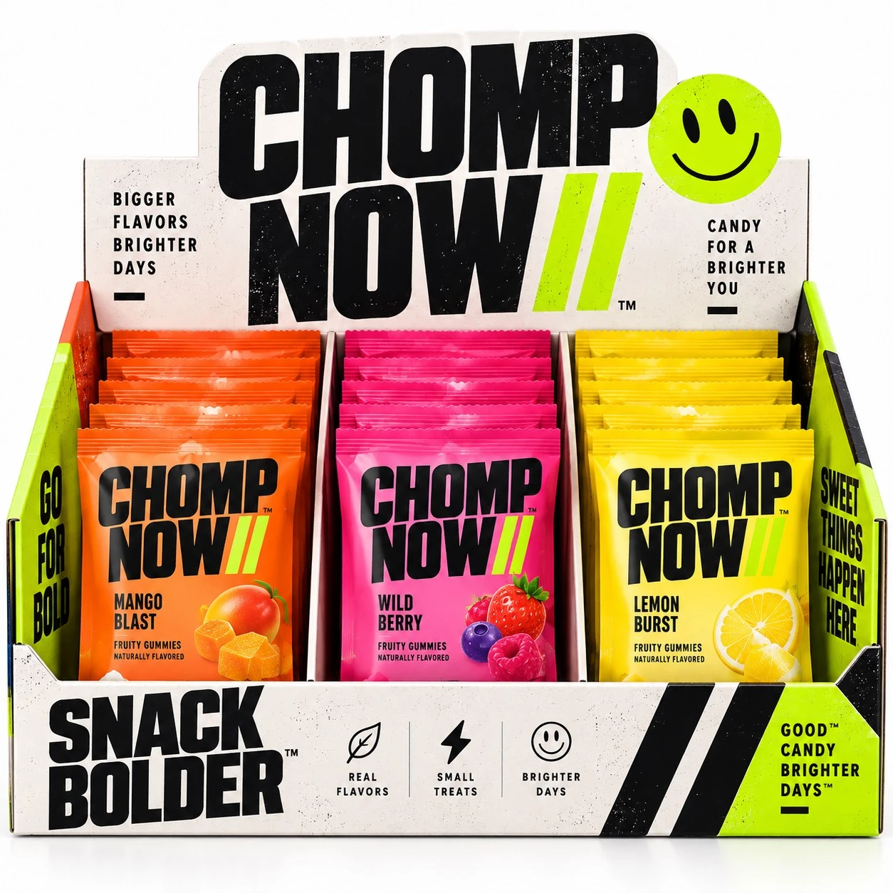 custom candy display box brutalist chomp now
