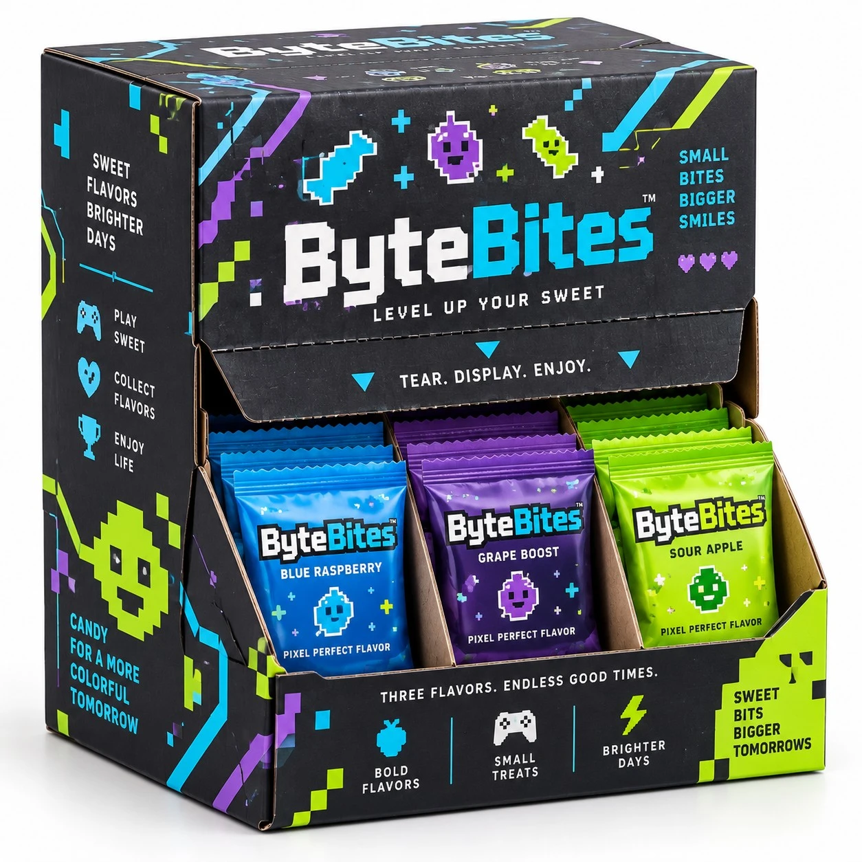custom candy display box bytebites tear open