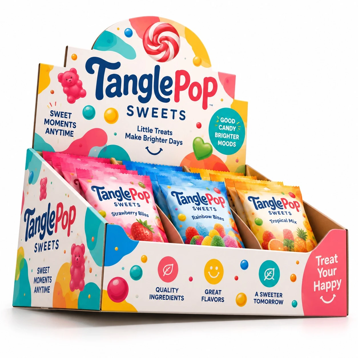 custom candy display box low angle view