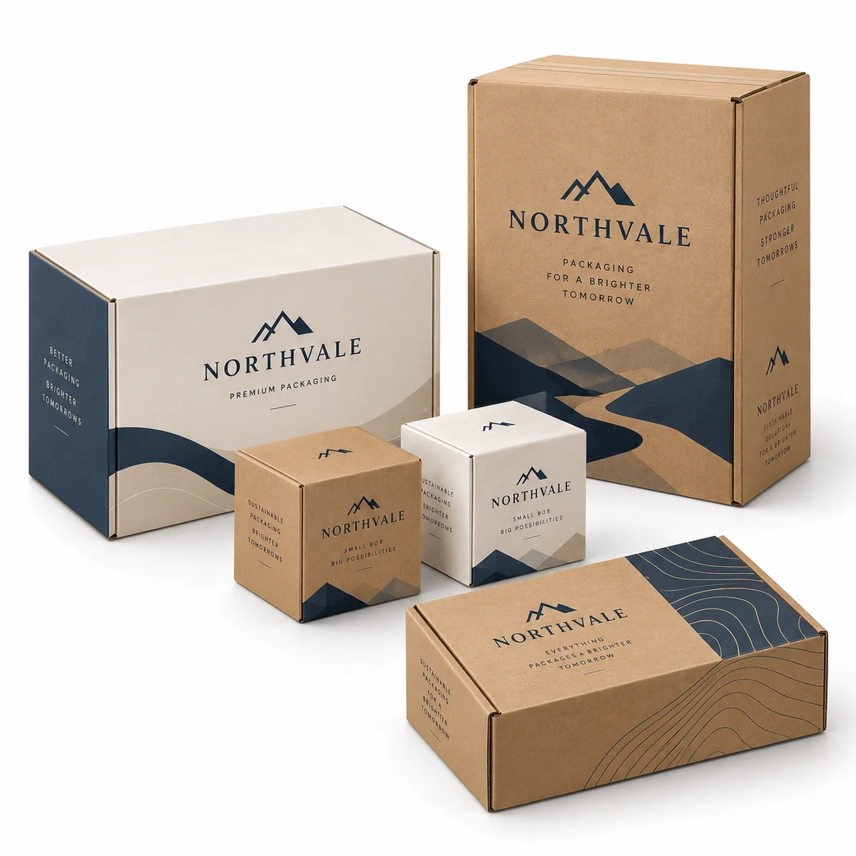 Five custom printed cardboard packaging boxes in a coordinated premium assortment on a white background