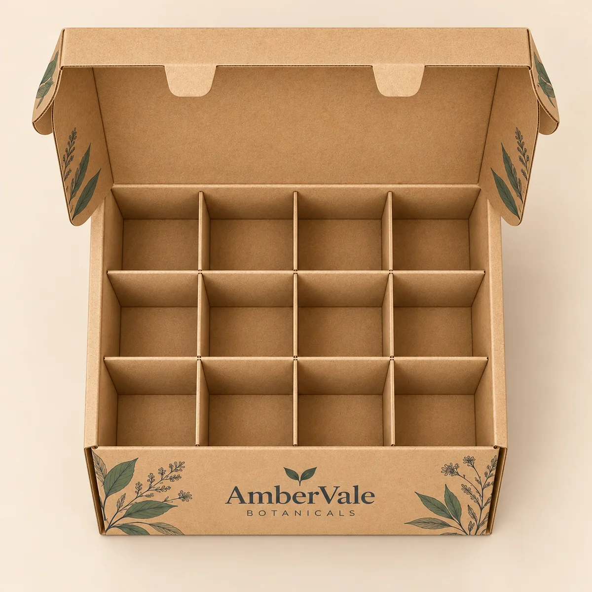 Elevated overhead view of an open kraft cardboard box with a 3-by-4 divider grid and AmberVale Botanicals branding.