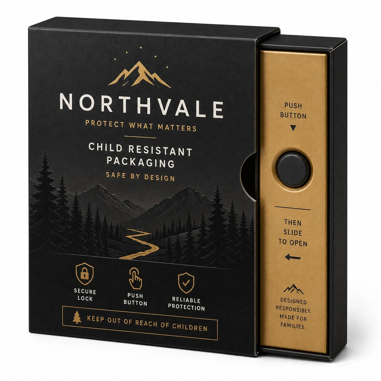custom child resistant boxes black gold mountain design