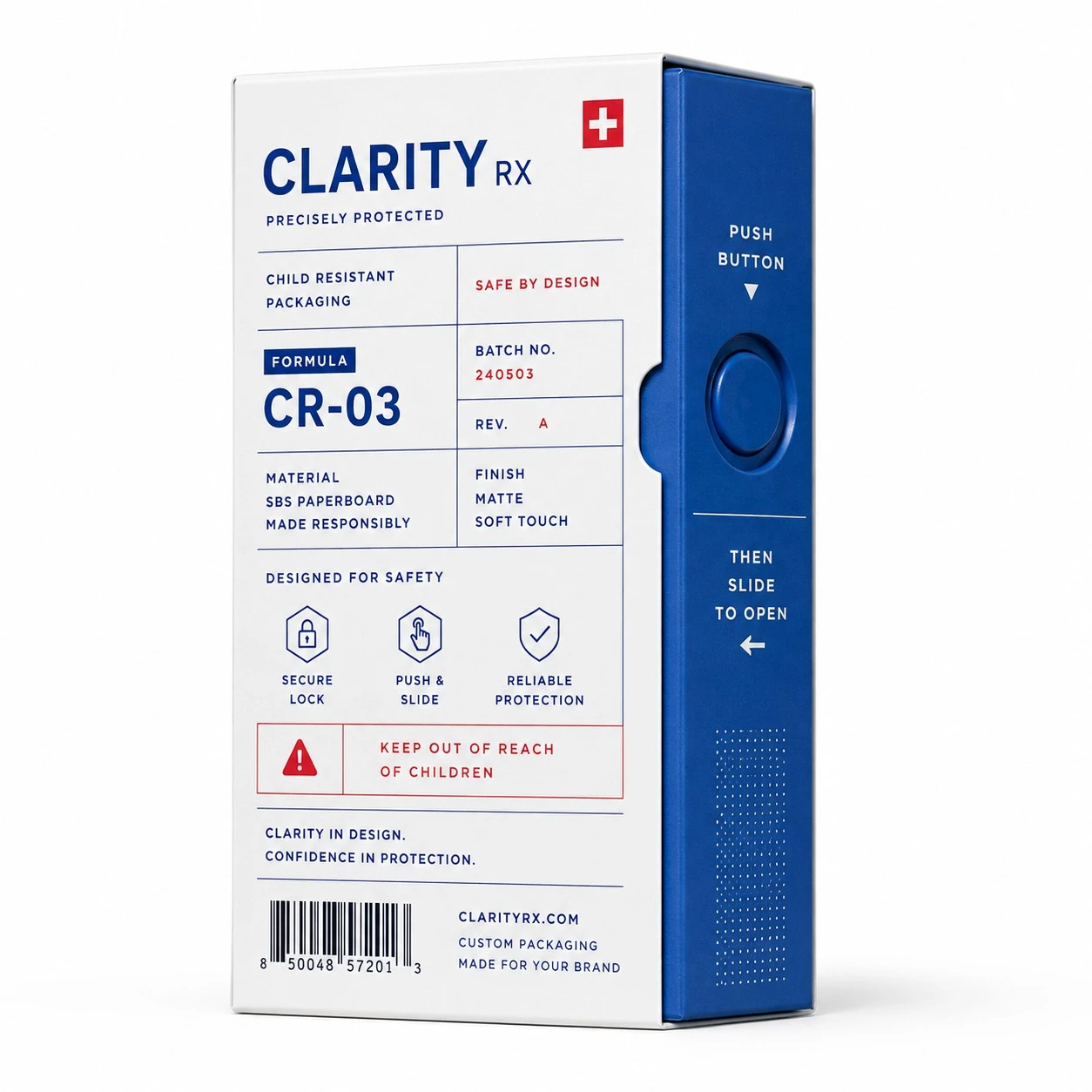 custom child resistant boxes clinical blue white carton
