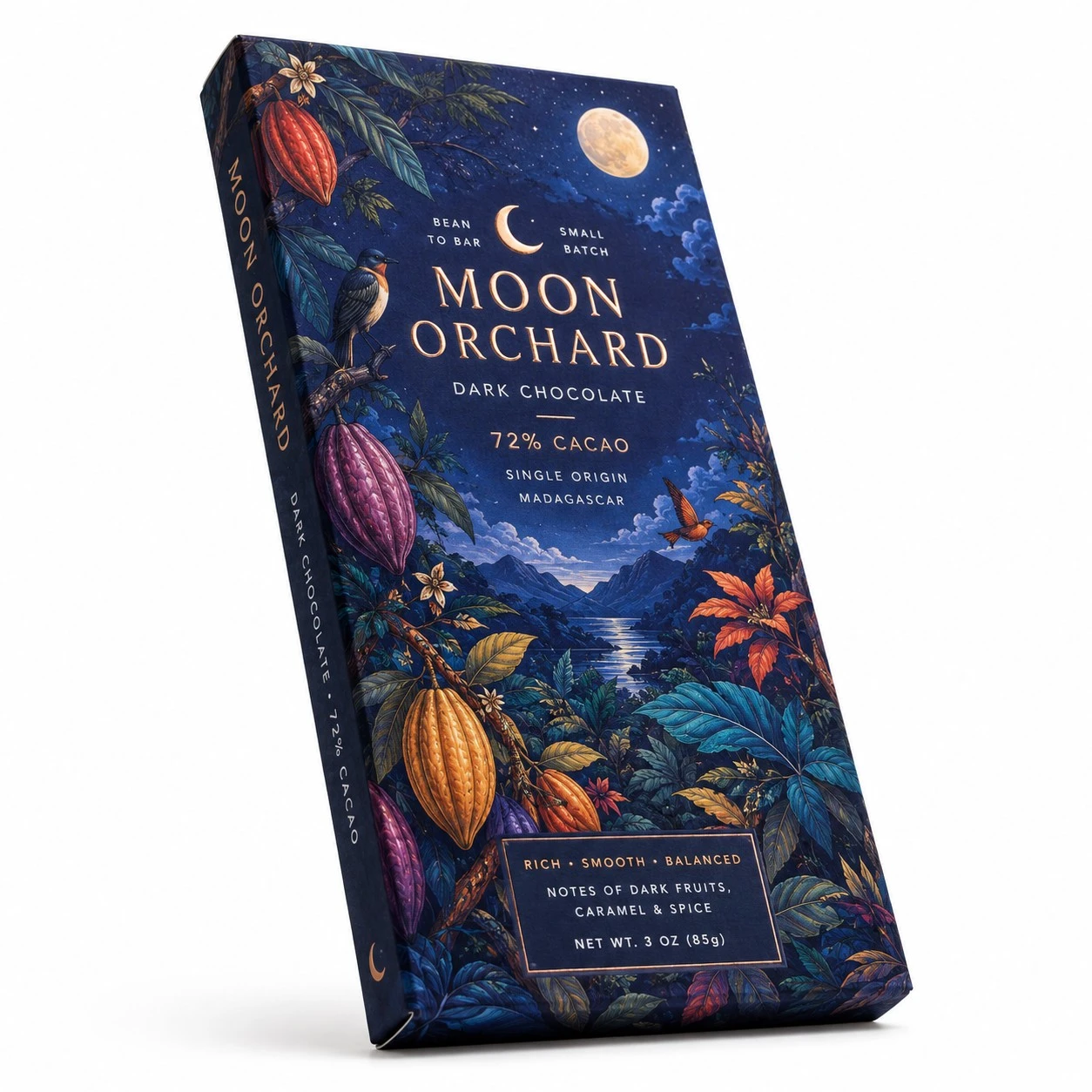 custom chocolate bar packaging moon orchard illustrated