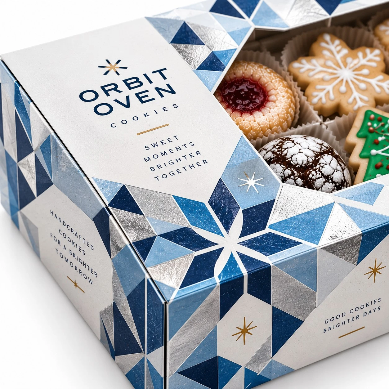 custom christmas cookie boxes geometric snowflake detail