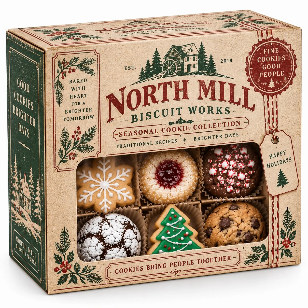 custom christmas cookie boxes vintage letterpress window