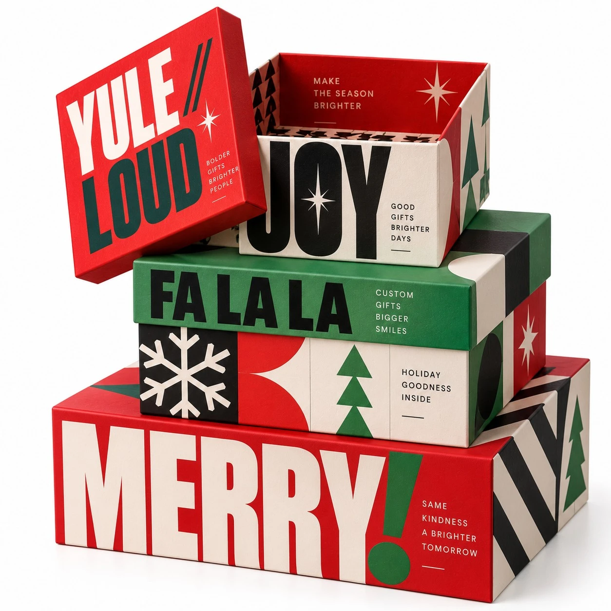 custom christmas stacking boxes bold type open