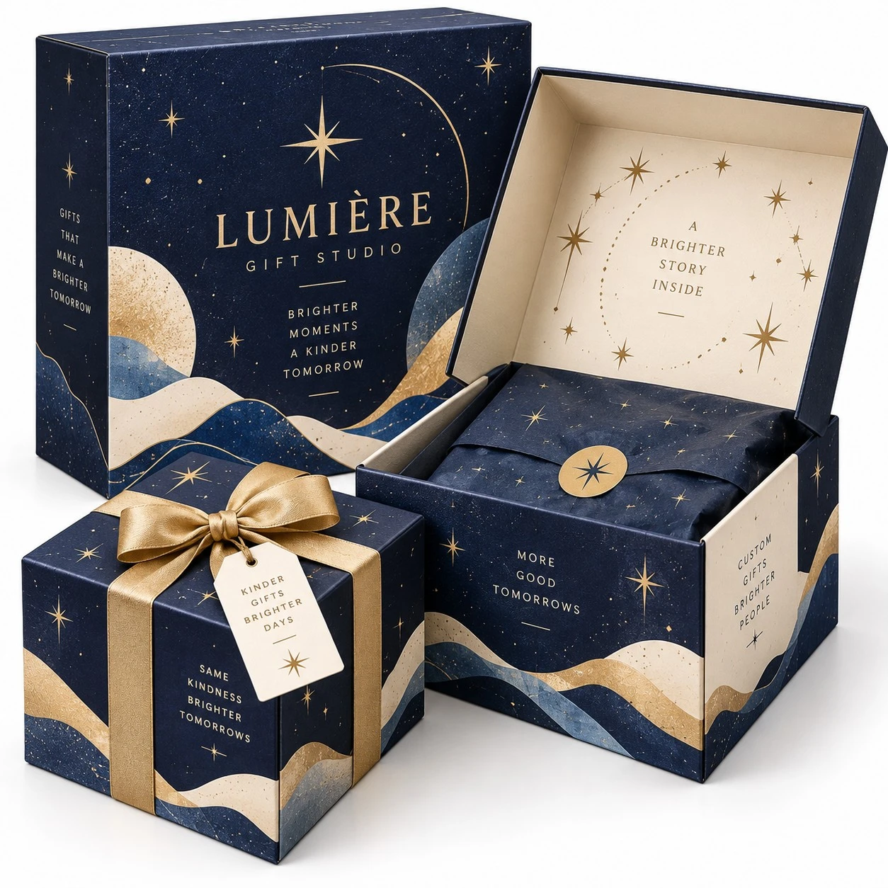custom christmas stacking boxes navy gold open lid