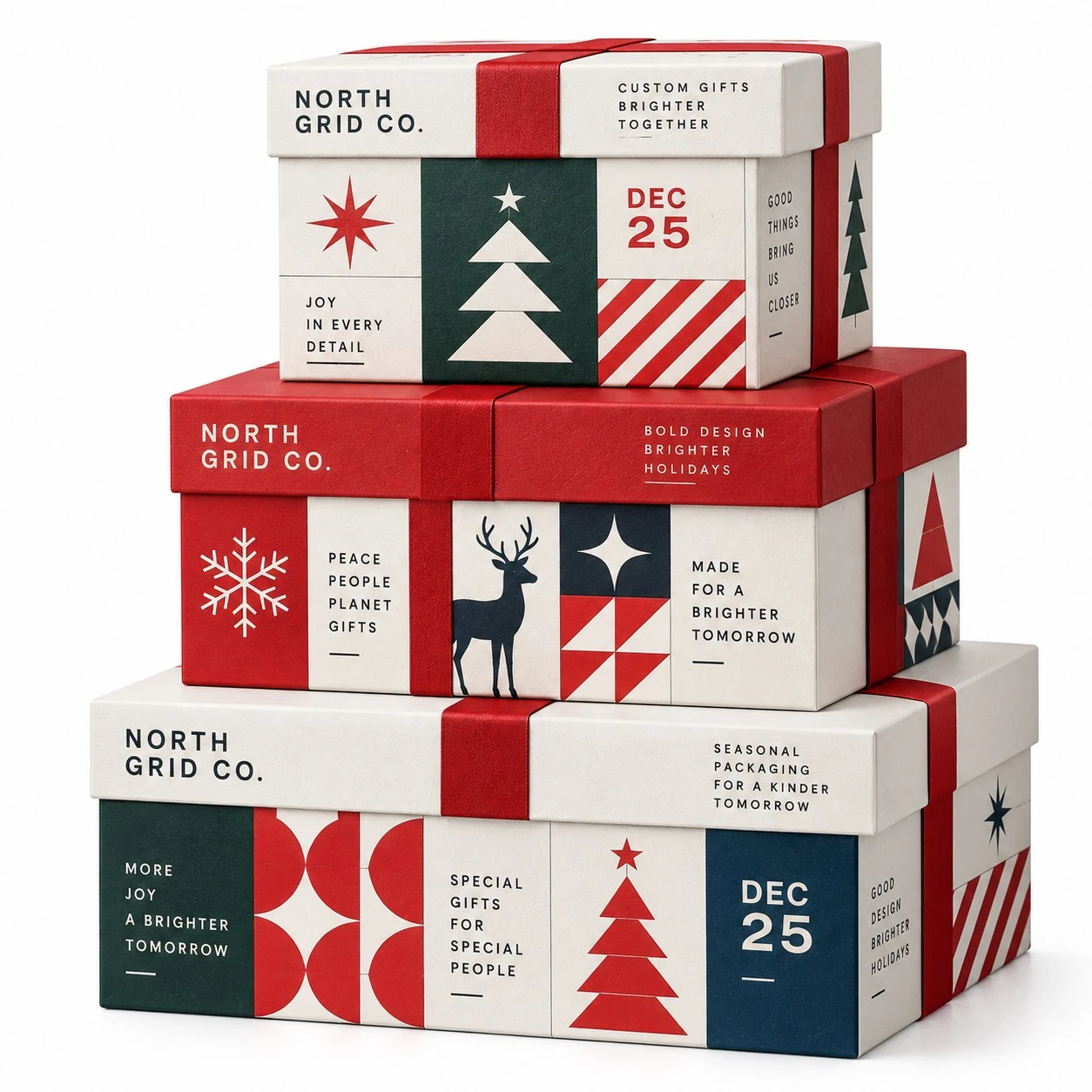 custom christmas stacking boxes swiss grid design