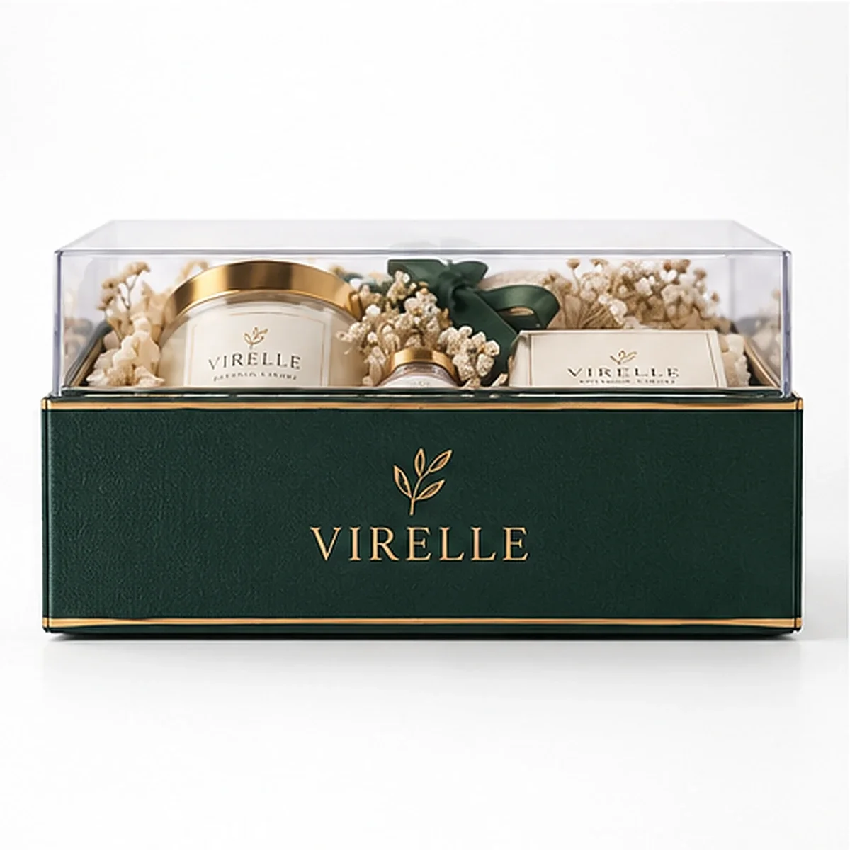 Straight-on front view of VIRELLE green gift box with gold branding and a transparent lid revealing a candle and gift accessories.