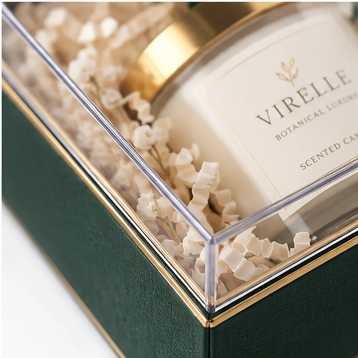 Macro detail of a transparent lid corner on VIRELLE green gift box with gold trim, candle jar and kraft filler visible inside.