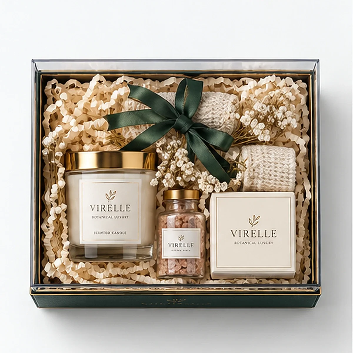 Overhead view of VIRELLE clear lid gift box with green tray, candle, bath salts, soap carton, folded towel and ribbon.