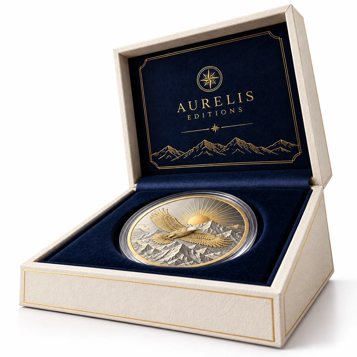 Angled view of an open ivory rigid coin box with gold-trimmed edges, navy insert, and a gold eagle coin in a circular recess.