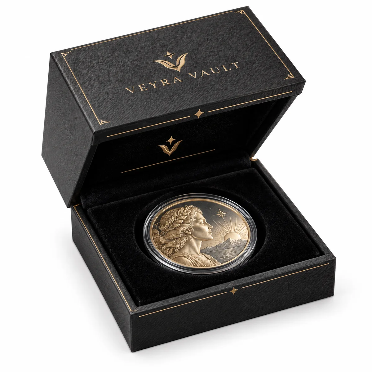 Open black rigid coin presentation box with gold detailing and a commemorative coin in a fitted velvet insert.