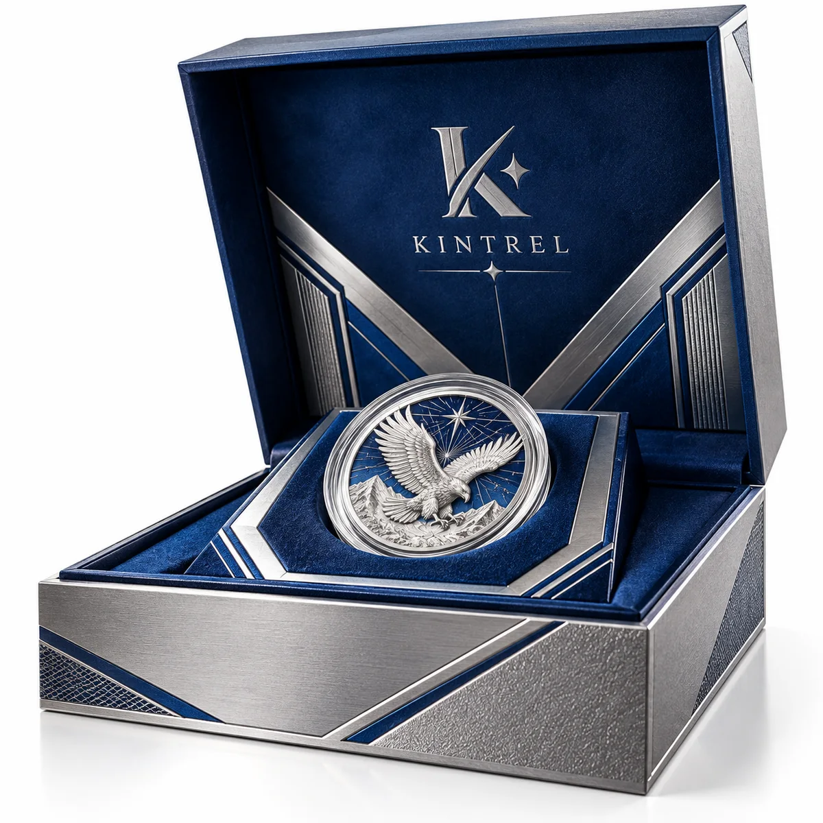 Open cobalt blue rigid coin presentation case with silver geometric detailing and a raised coin display platform.