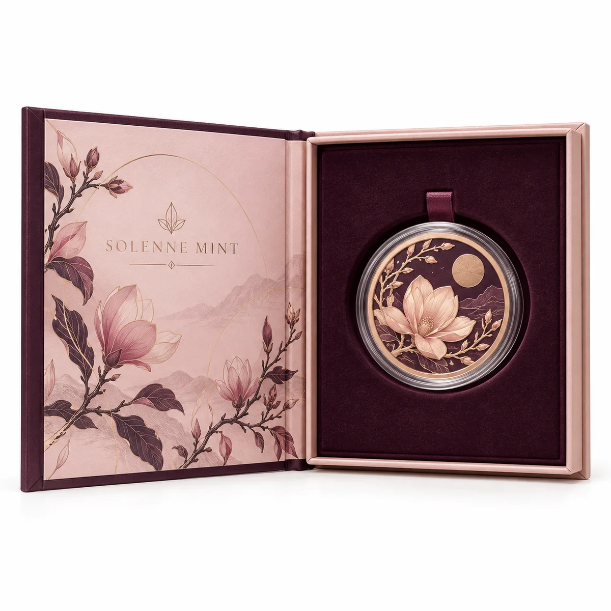 Open blush and plum book-style rigid coin box with botanical artwork and a single coin in a recessed insert.