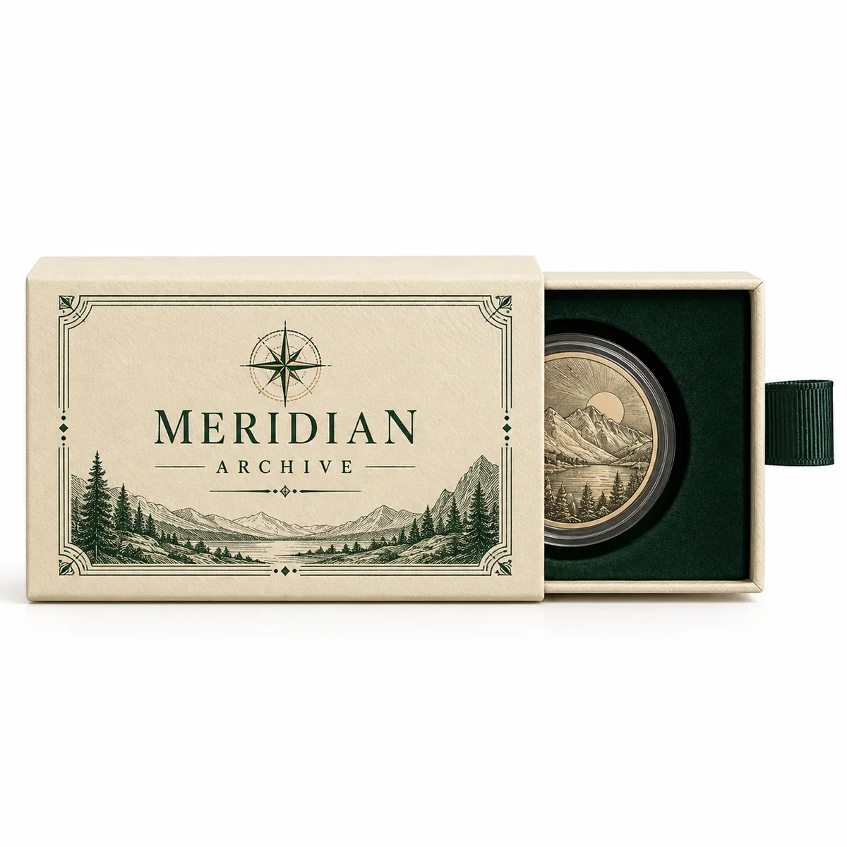 Cream rigid sliding drawer coin box with forest green heritage printing, a ribbon pull, and fitted coin capsule.