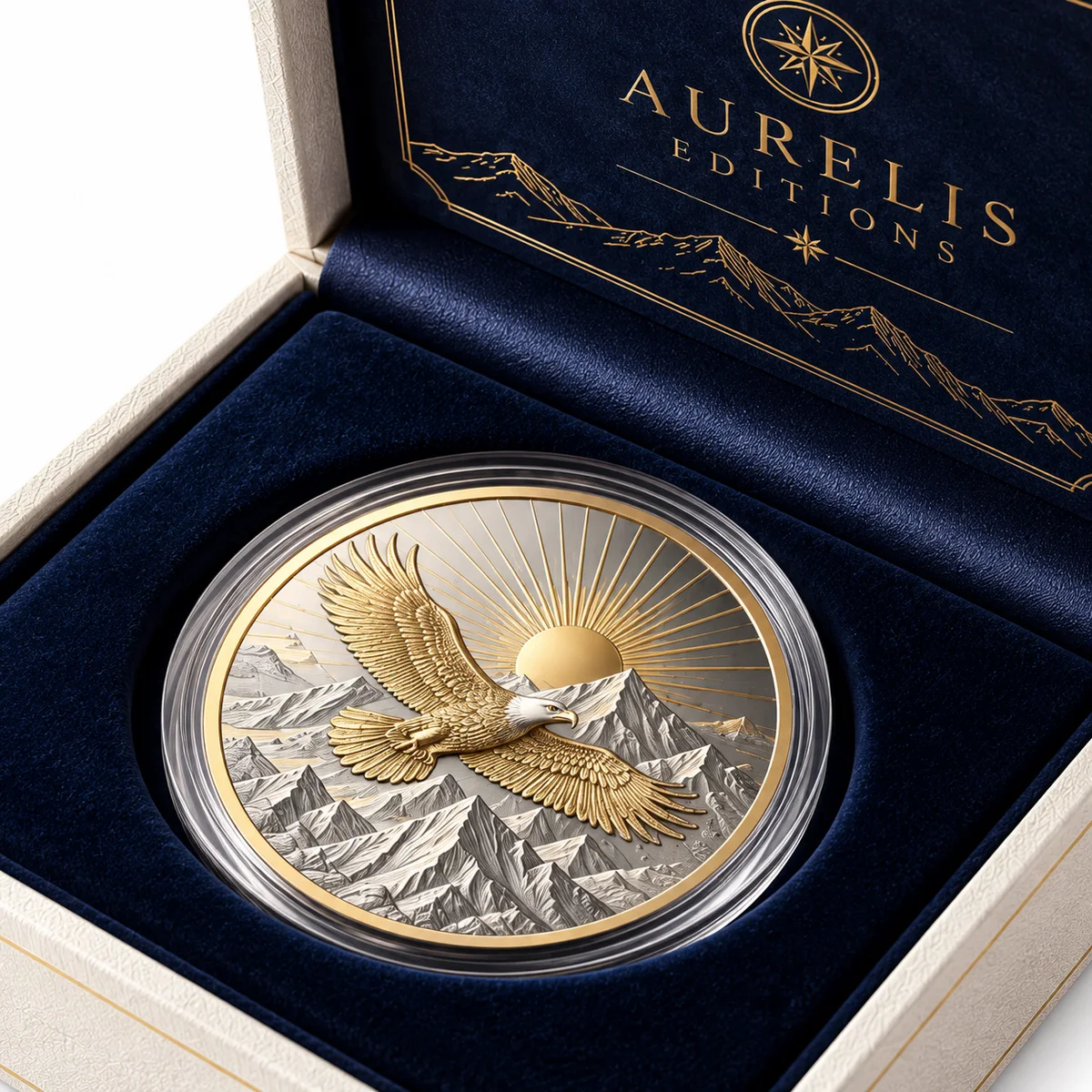 Close-up of a gold eagle commemorative coin inside a clear capsule, fitted into the navy velvet insert of an ivory rigid presentation box.