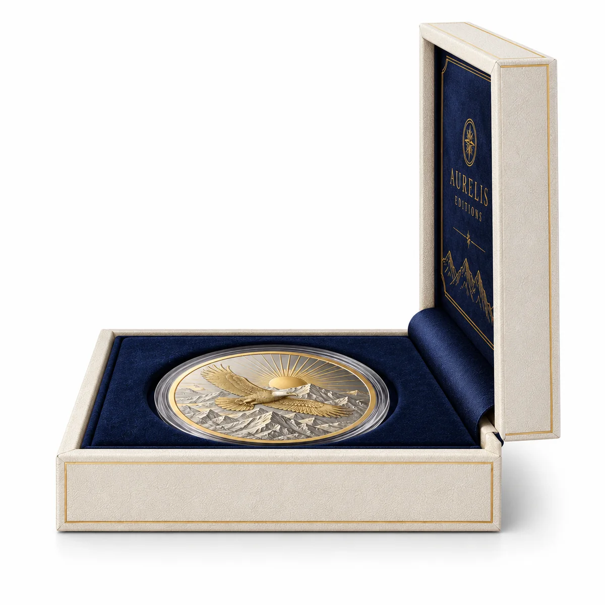 Side-profile view of an ivory rigid hinged coin box showing its thick walls, navy lining, and fitted commemorative coin capsule.