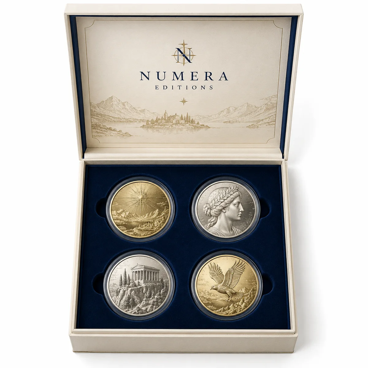 Ivory rigid collector coin box with illustrated interior lid and four coins arranged in a navy velvet insert.
