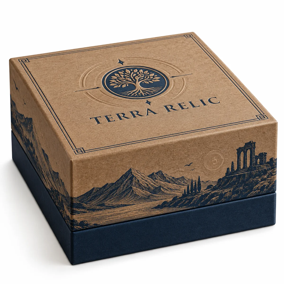Closed two-piece rigid coin box with textured brown wrapping, navy landscape artwork, and embossed lid details.