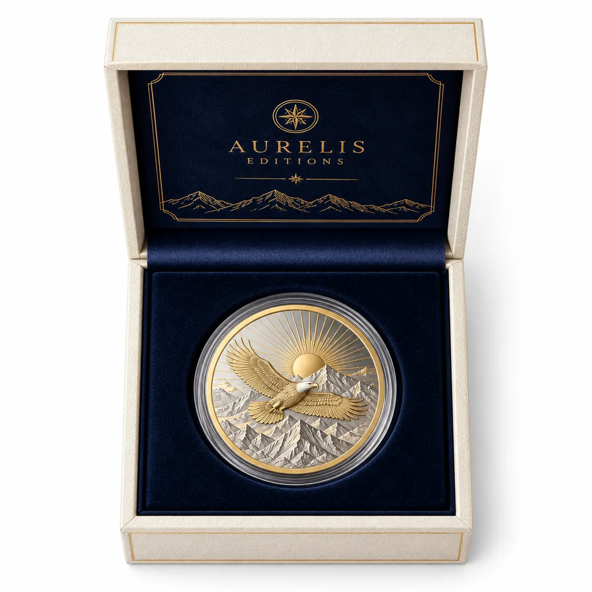Open ivory rigid coin box showing a gold eagle coin in a fitted navy insert beneath a branded lid with gold mountain artwork.