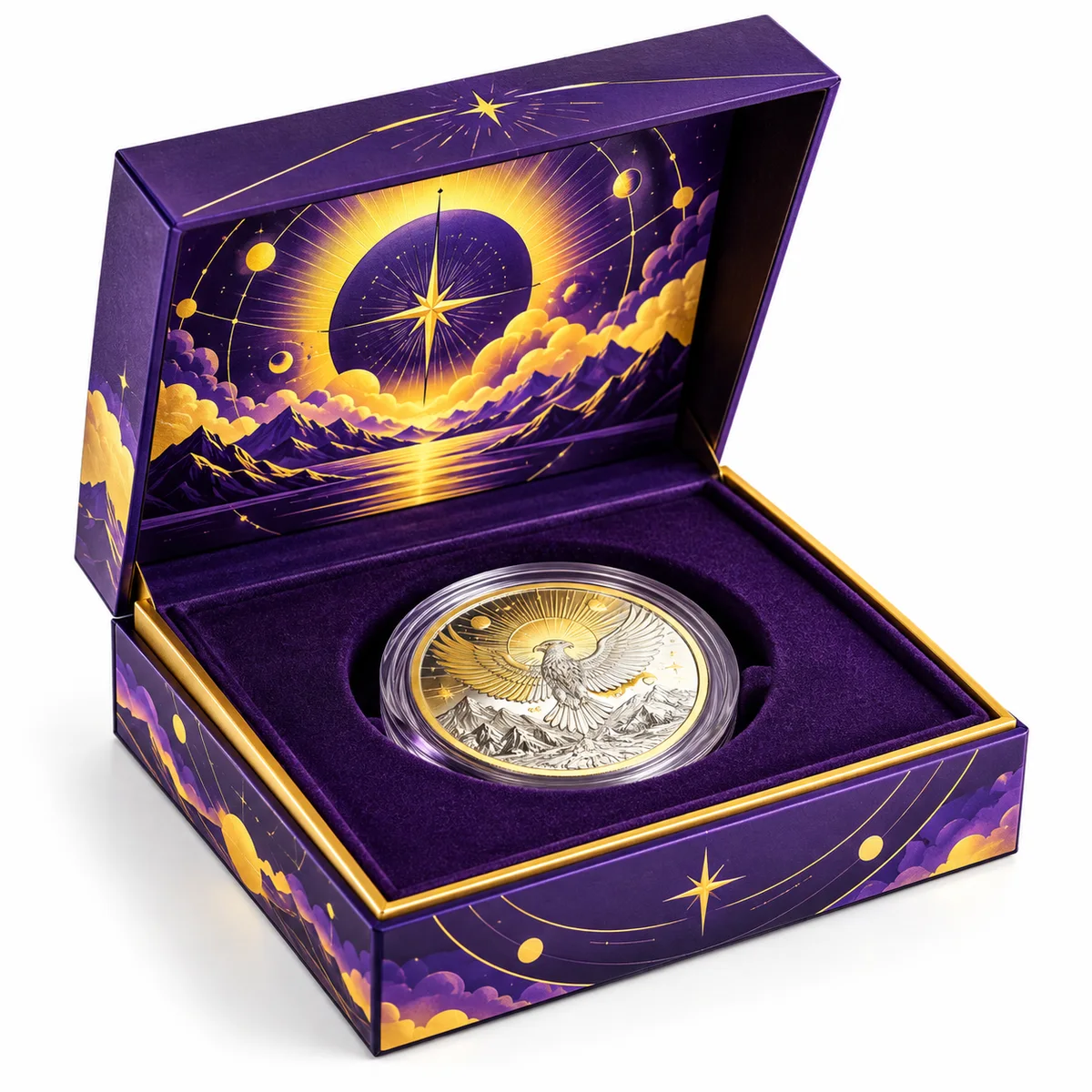 Open purple rigid coin presentation box with yellow celestial artwork and a single coin resting in a velvet insert.