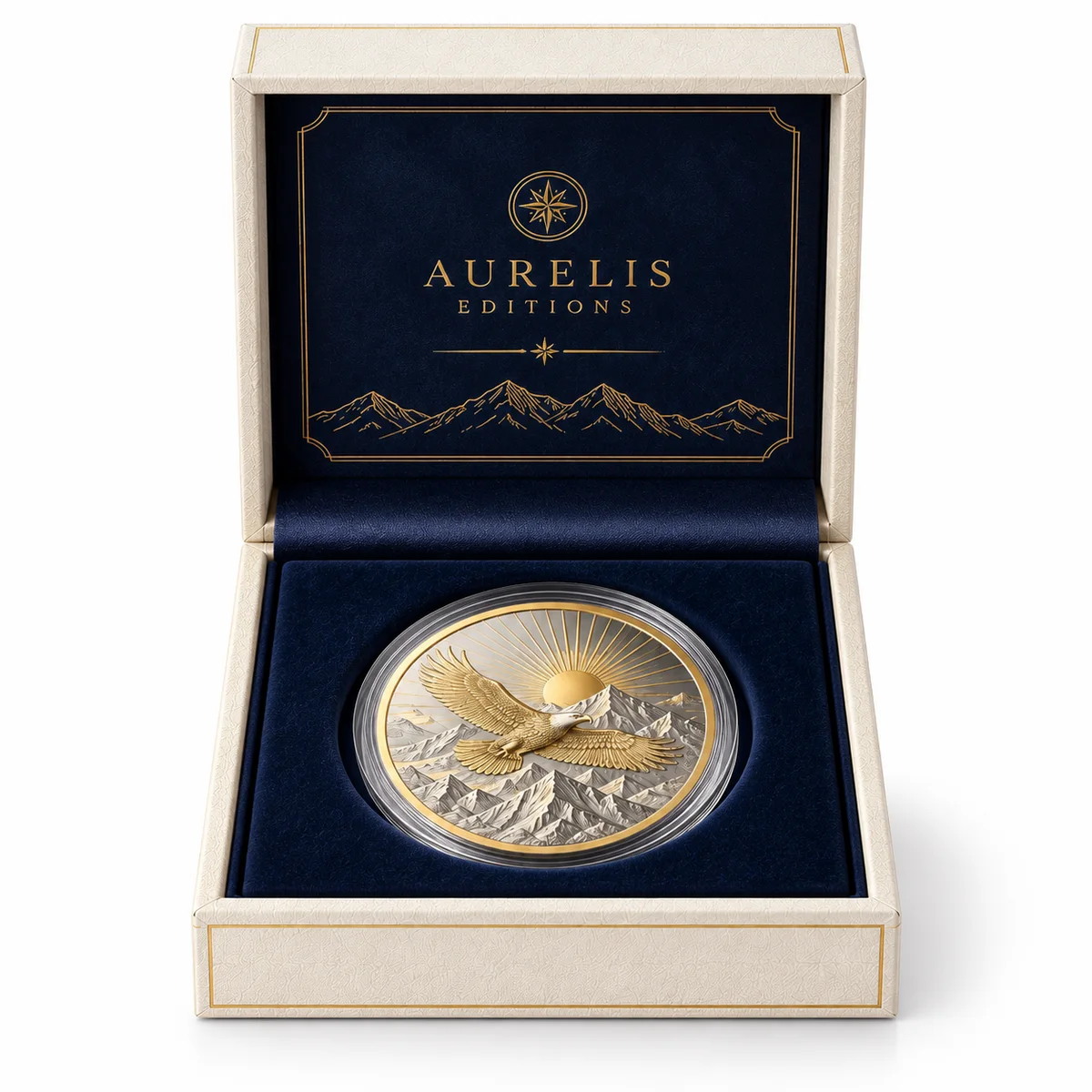 Straight-on front view of an open ivory rigid coin presentation box with navy lining, gold interior artwork, and a round coin capsule.
