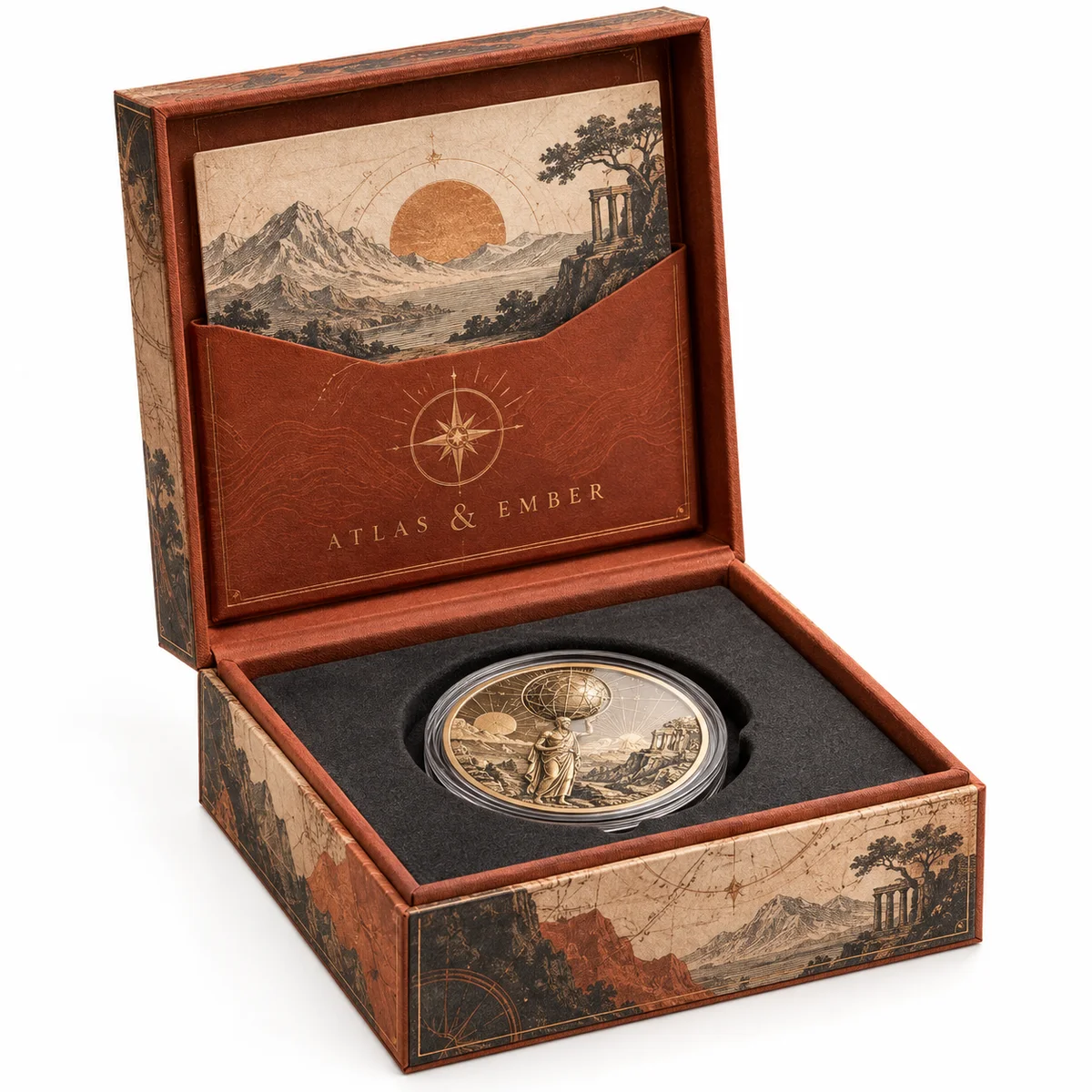 Terracotta rigid hinged coin box with vintage landscape illustrations, an interior lid pocket, and a fitted coin insert.