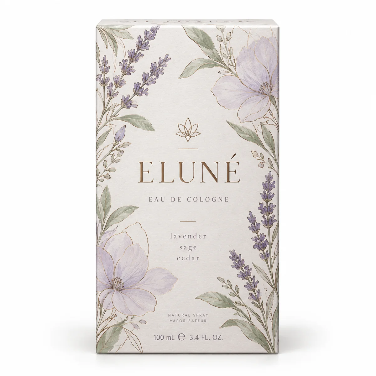 Elegant white cologne box featuring delicate lavender flowers, sage-green leaves and centered ELUNÉ branding.