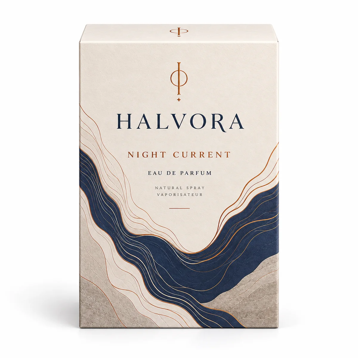 Front view of a custom cologne box displaying HALVORA Night Current branding, elegant serif lettering and navy contour artwork.