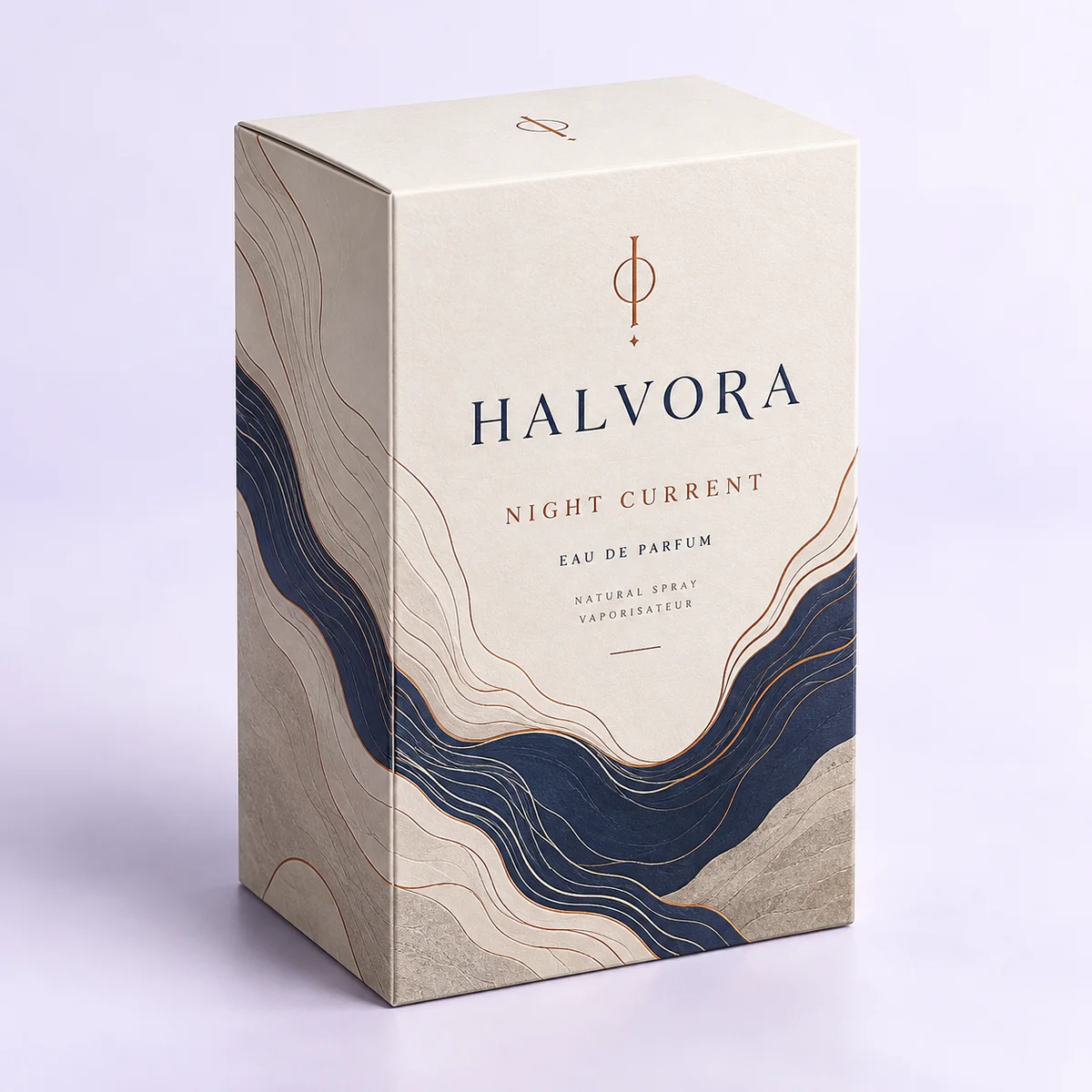 Custom cologne box featuring HALVORA Night Current branding, ivory paperboard, navy wave artwork and an elevated three-quarter view.