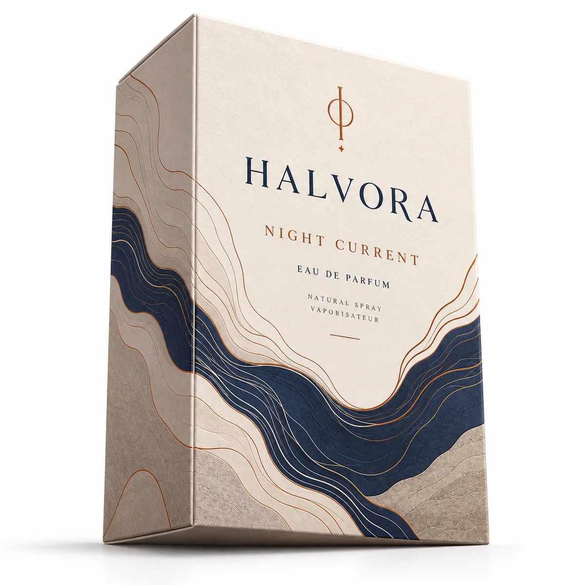 Low-angle view of HALVORA cologne packaging with an ivory exterior, navy wave artwork and refined copper typography.