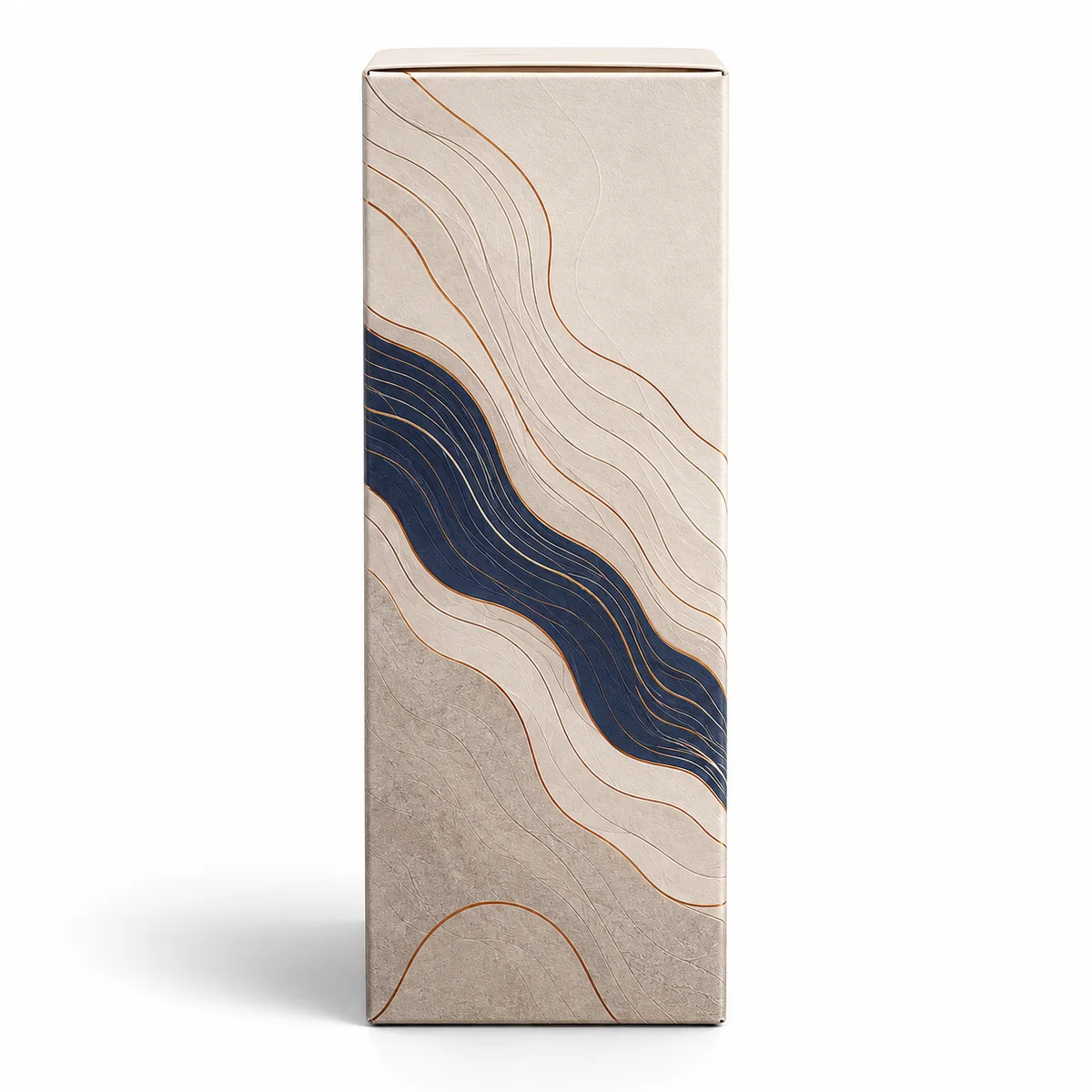 Side profile of custom cologne packaging featuring ivory textured paperboard and flowing navy and copper contour graphics.