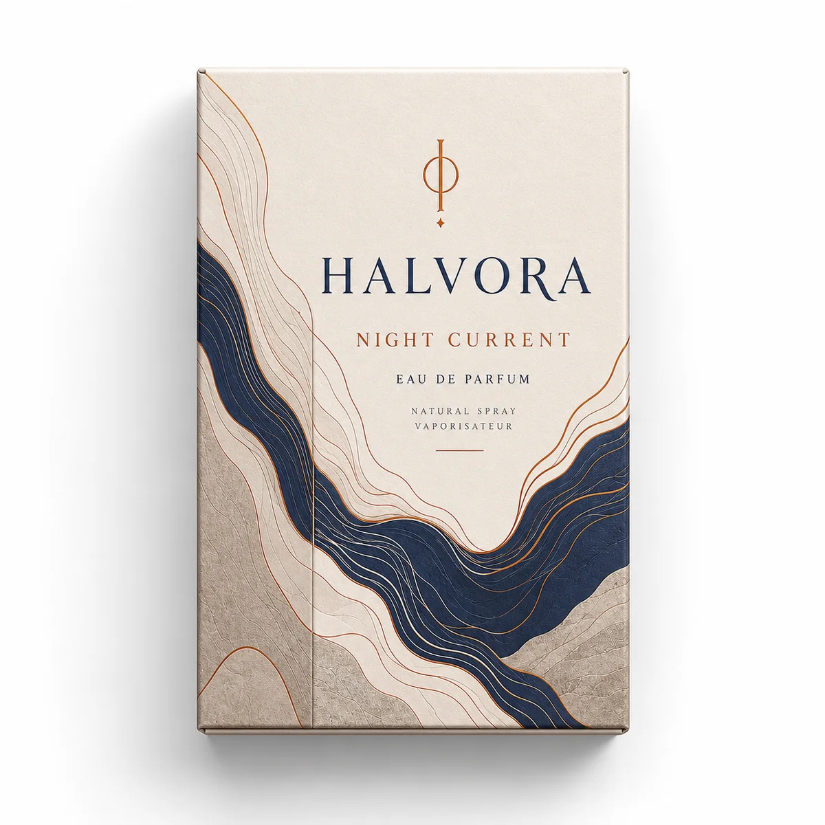 Top-down view of a HALVORA custom cologne box with navy contour artwork, copper details and elegant fragrance branding.