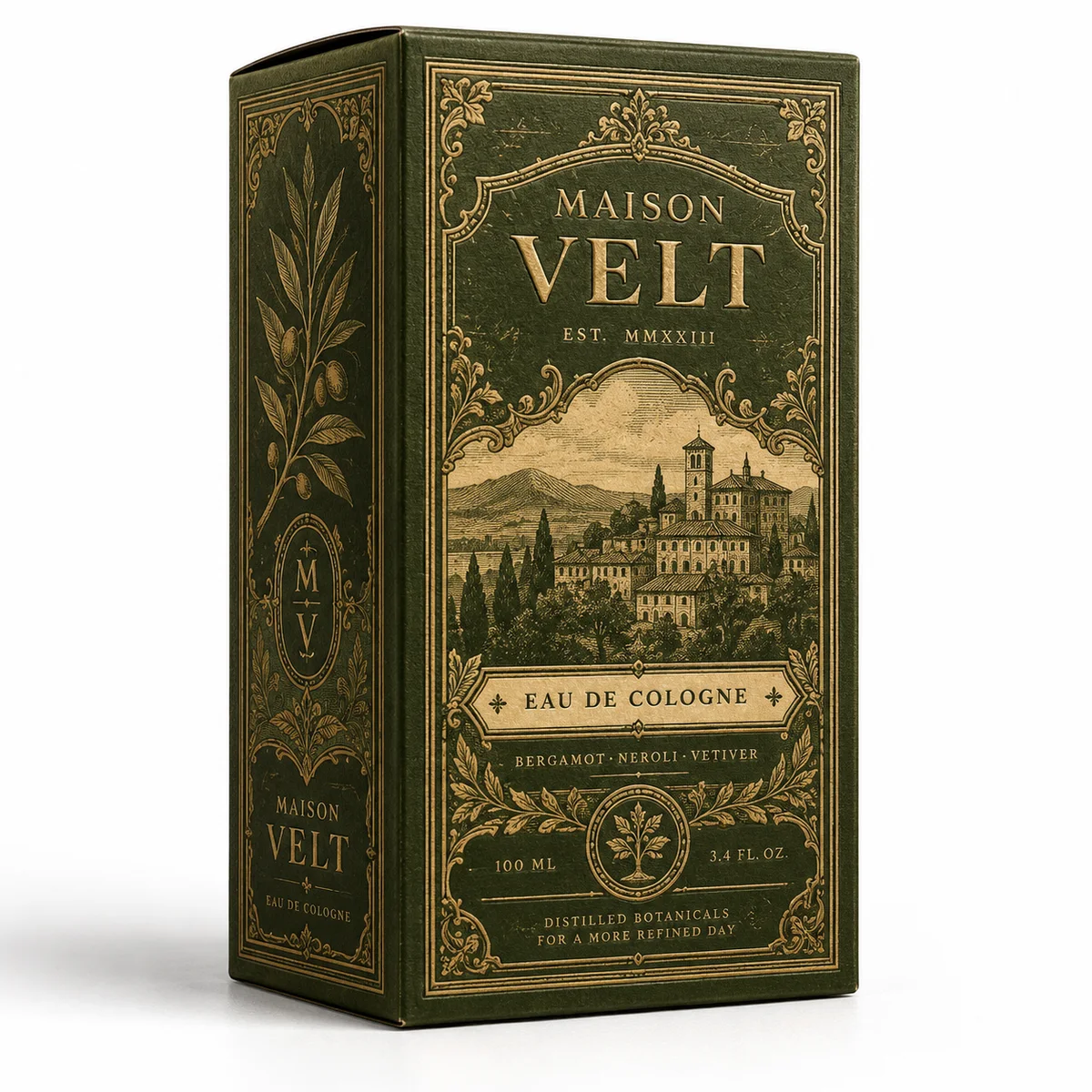 Vintage olive-green cologne box with ornate gold-toned borders, botanical engraving and MAISON VELT branding.