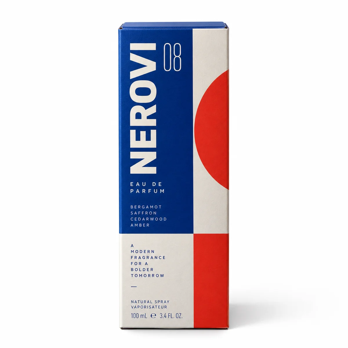 Modern cologne box featuring bold vertical NEROVI typography and geometric cobalt blue, red and white graphics.
