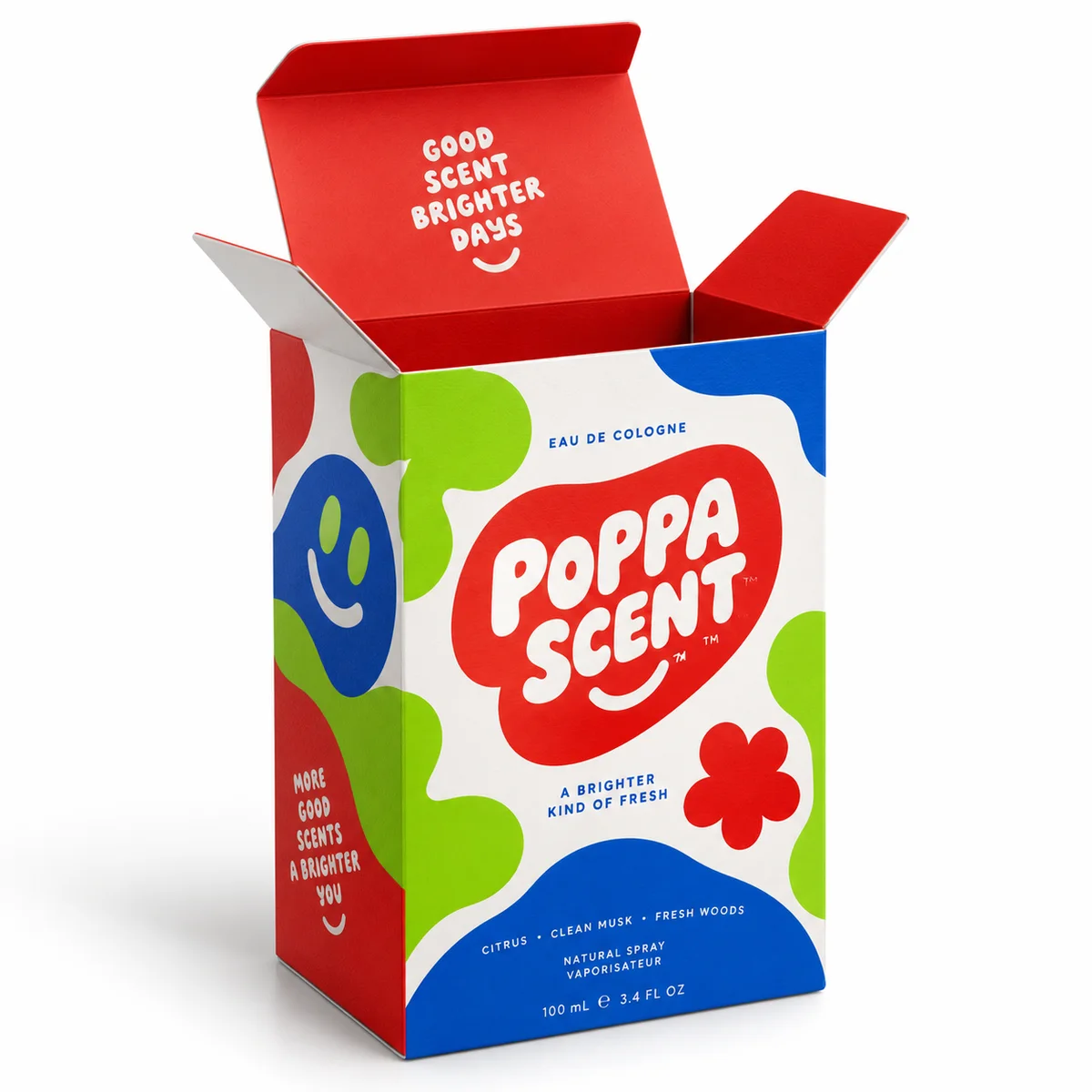 Open custom cologne box featuring playful red, blue and lime-green shapes with colorful POPPA SCENT artwork.
