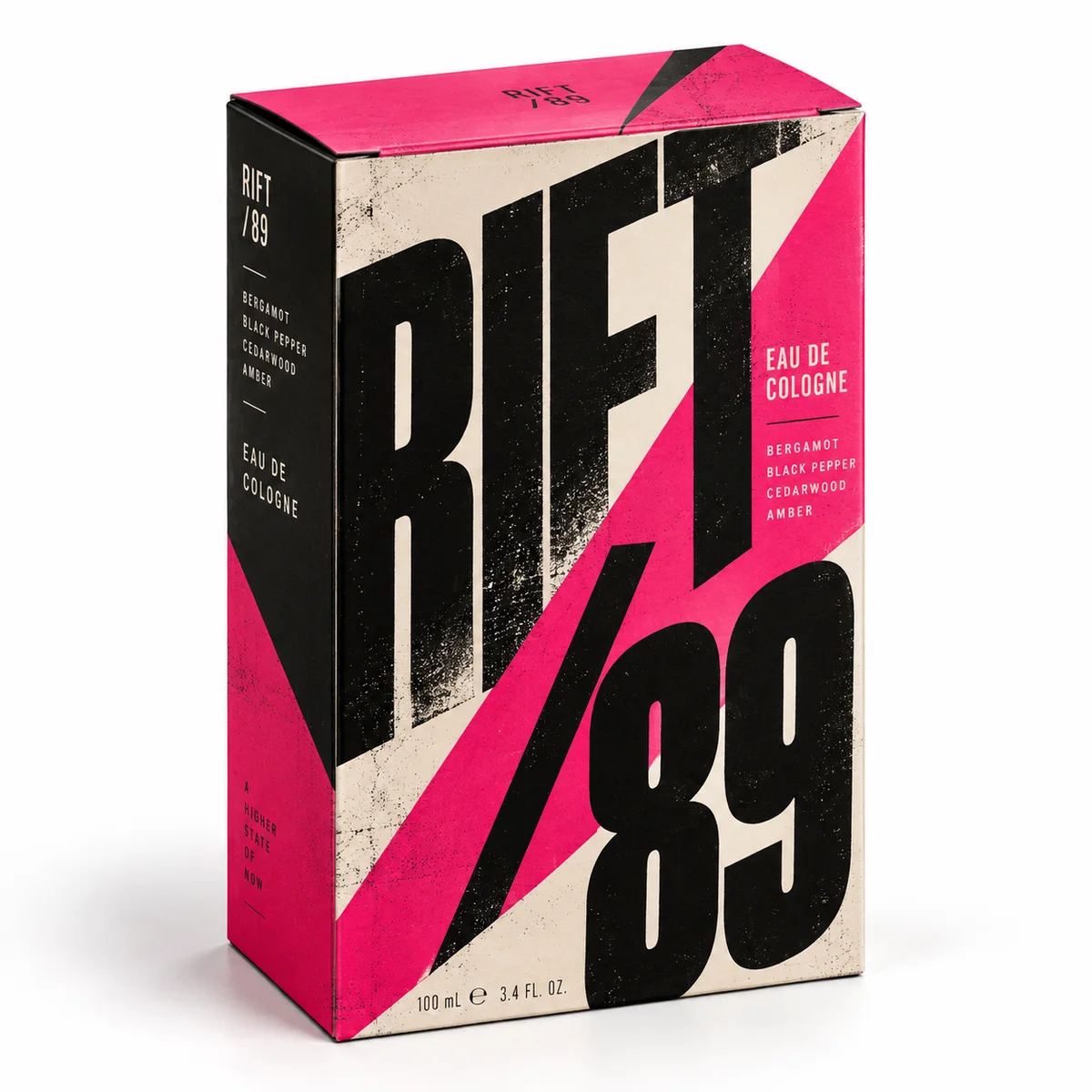 Bold custom cologne packaging with oversized black RIFT 89 typography, hot-pink graphics and cream panels.