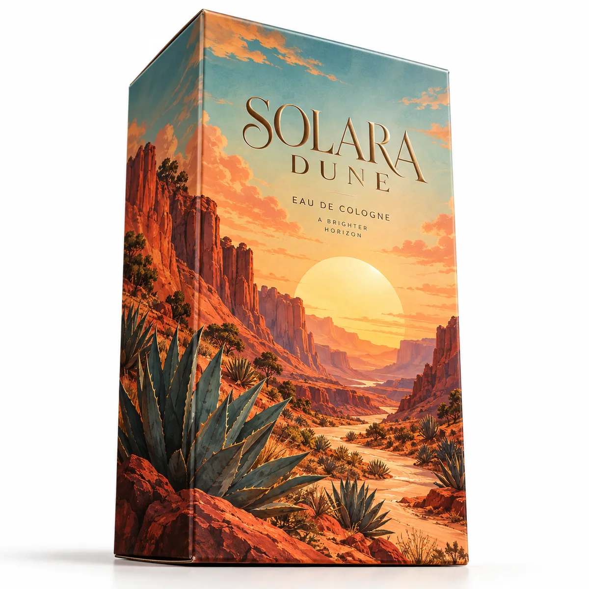 Illustrated cologne packaging featuring a colorful desert landscape, sunset artwork and SOLARA DUNE branding.