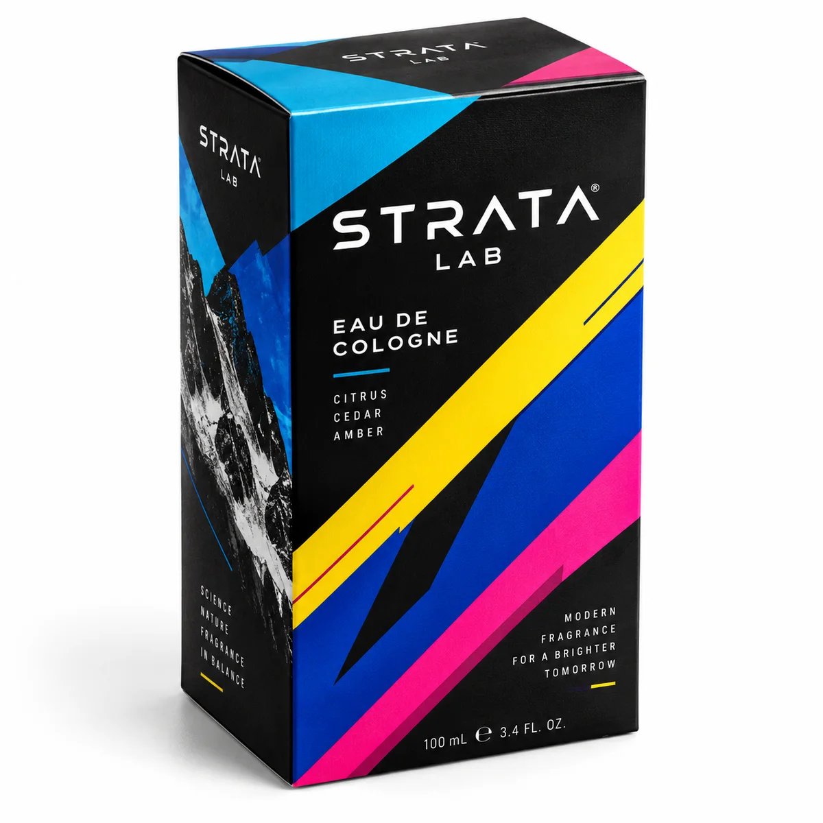 Contemporary STRATA LAB cologne box with diagonal cyan, yellow, magenta and blue graphics on black packaging.