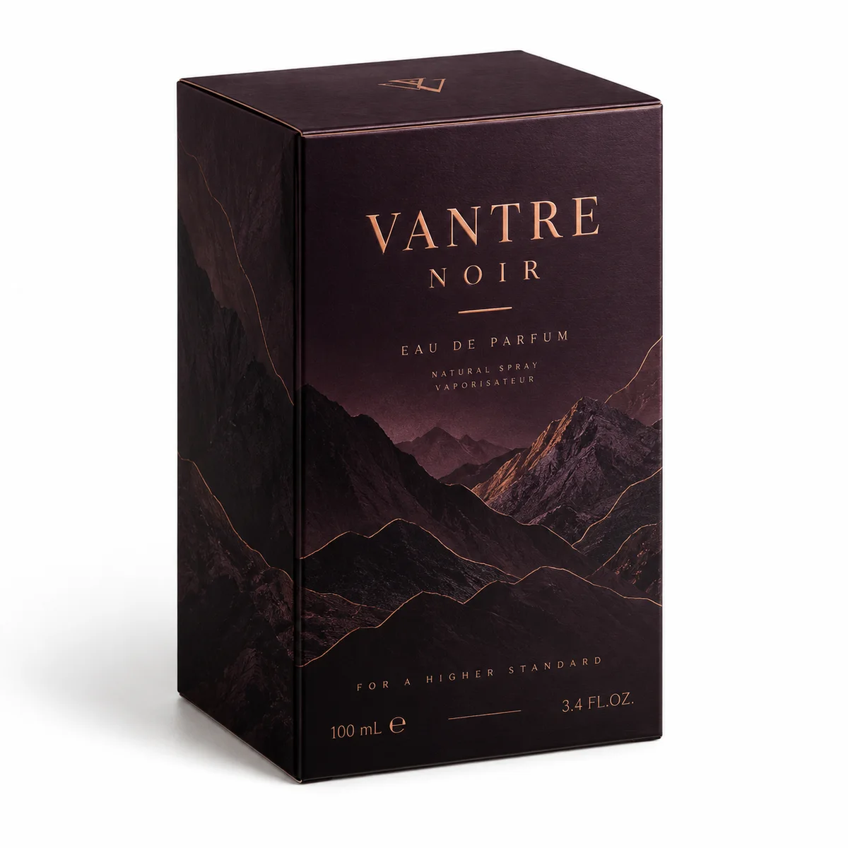 Dark aubergine custom cologne box with copper-toned VANTRE NOIR typography and dramatic mountain artwork.