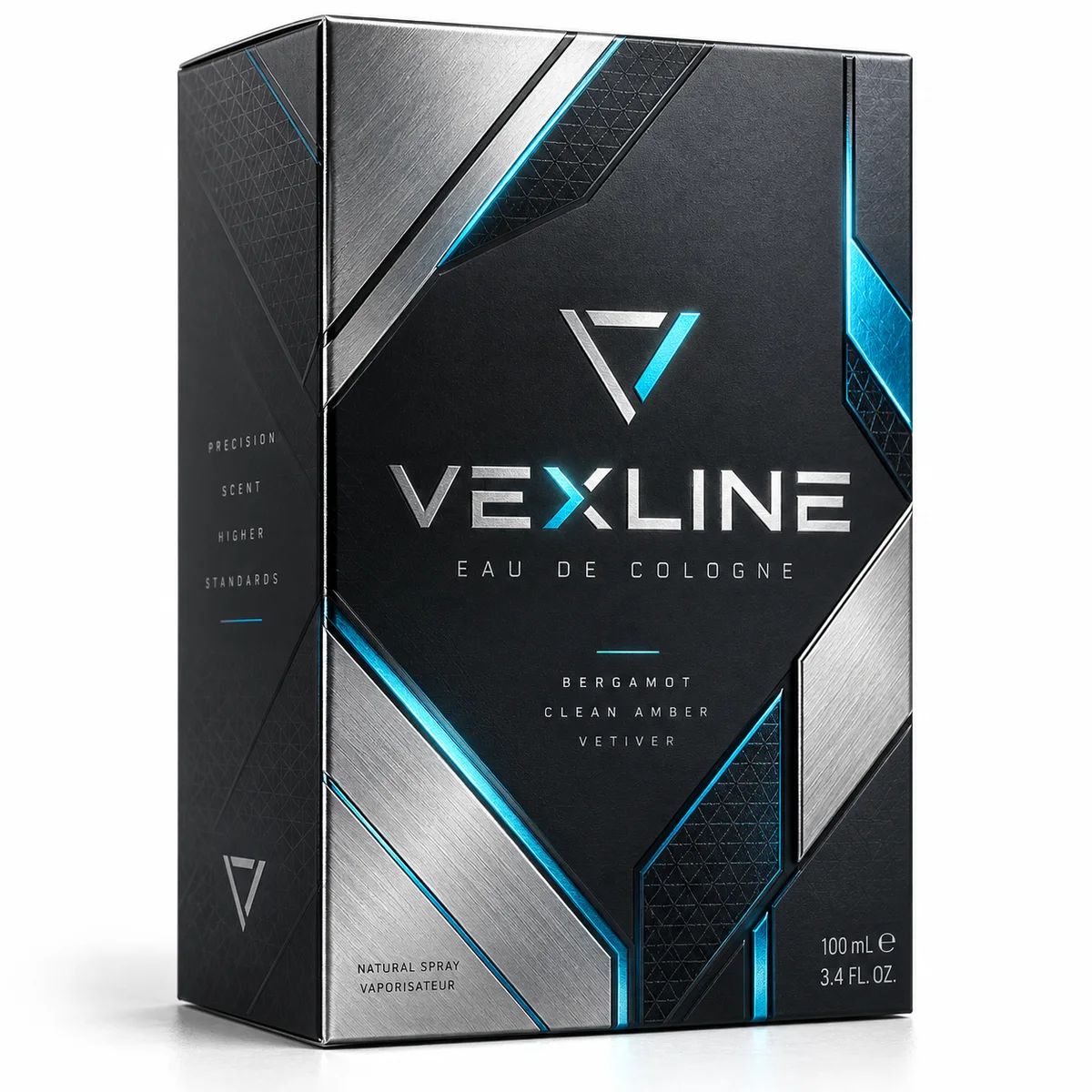 Futuristic cologne packaging with silver geometric panels, charcoal surfaces and electric-cyan accents.