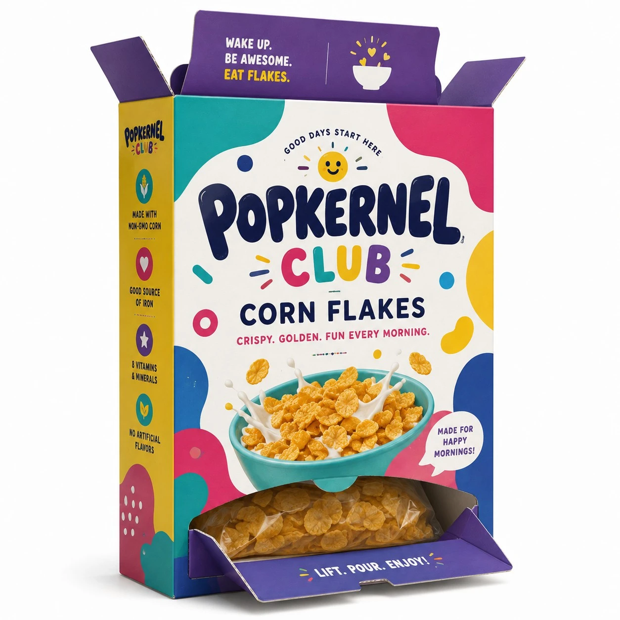 custom corn flakes boxes playful open design