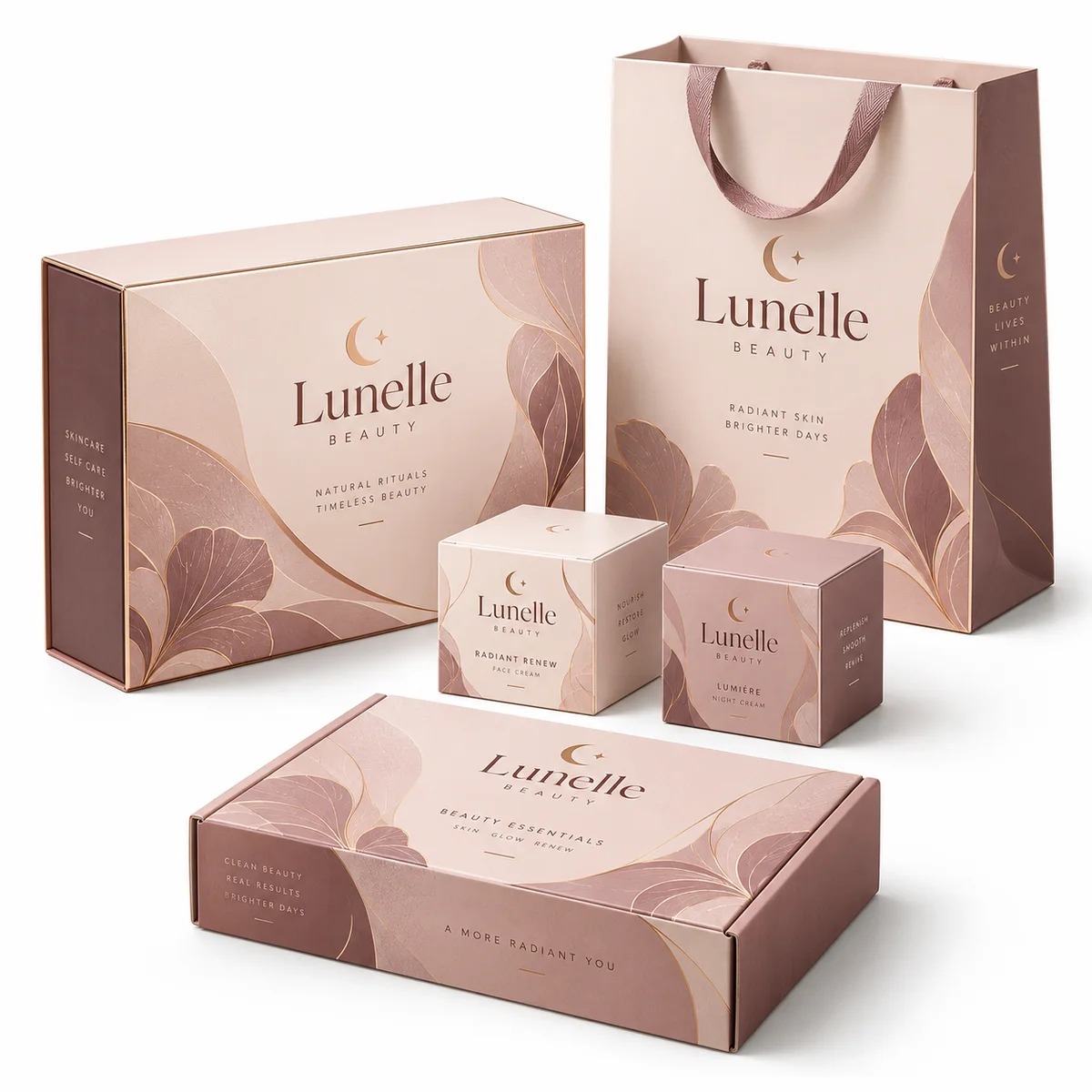 Five coordinated Lunelle Beauty custom cosmetic packaging boxes in blush and mauve on white, including large rigid box, two small cream cartons and tall gift bag
