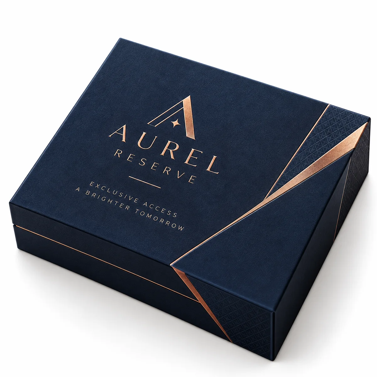 Closed navy AUREL Reserve rigid credit card presentation box with copper lettering and geometric accents, shown at an elevated angle.