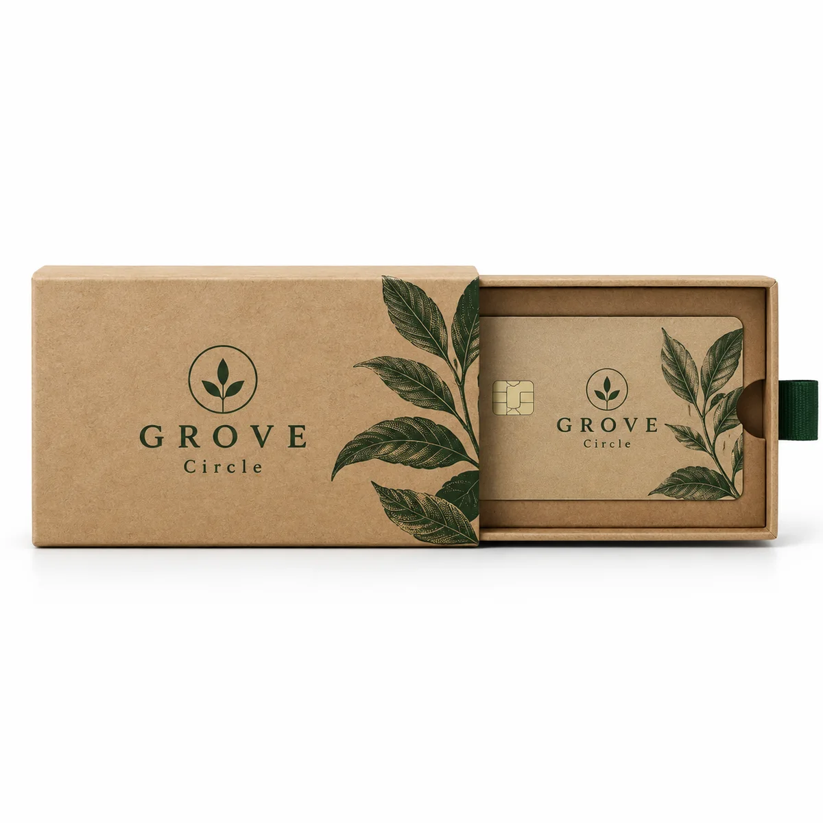 Natural kraft GROVE Circle rigid drawer-style credit card box with forest-green botanical artwork and matching card in a side view.