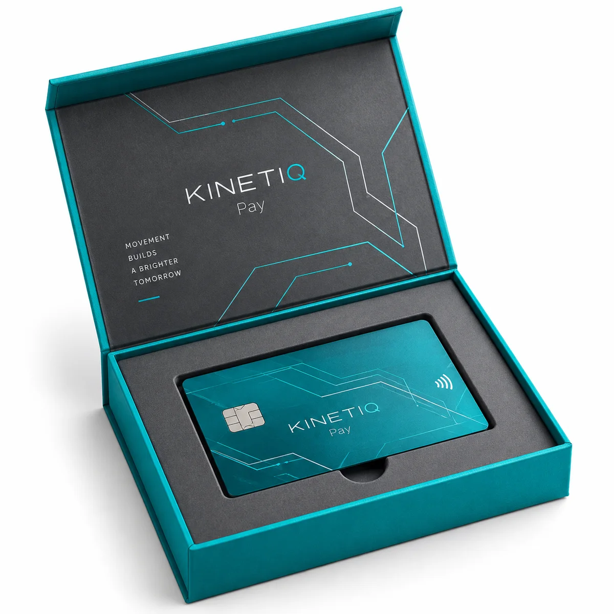 Open teal KINETIQ Pay rigid card presentation box with dark slate insert, circuit-style graphics and matching card in a three-quarter view.